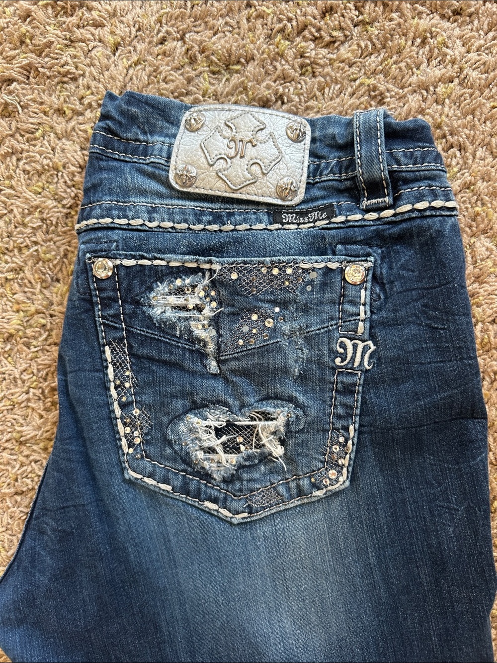 Miss Me Dark Blue Boot Cut Jeans with Embellished Back Pocket